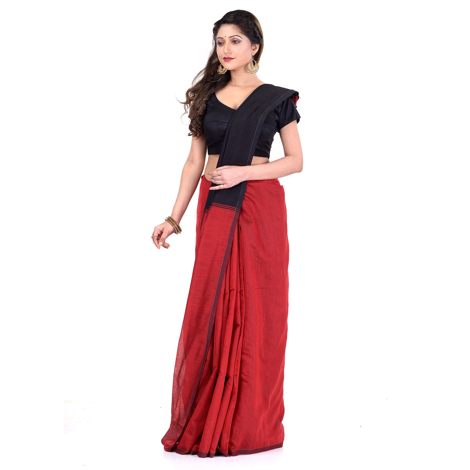 DESH BIDESH Women`s Bengal Half Half Ghicha Handloom Cotton Silk Saree With Blouse Piece (Red Black)